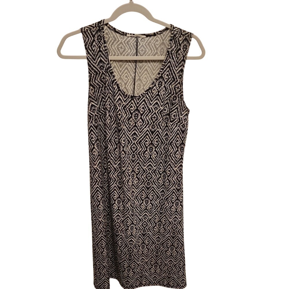 Diamond Pattern Print Knit Mini Dress S Black Mod Boho Casual Shift